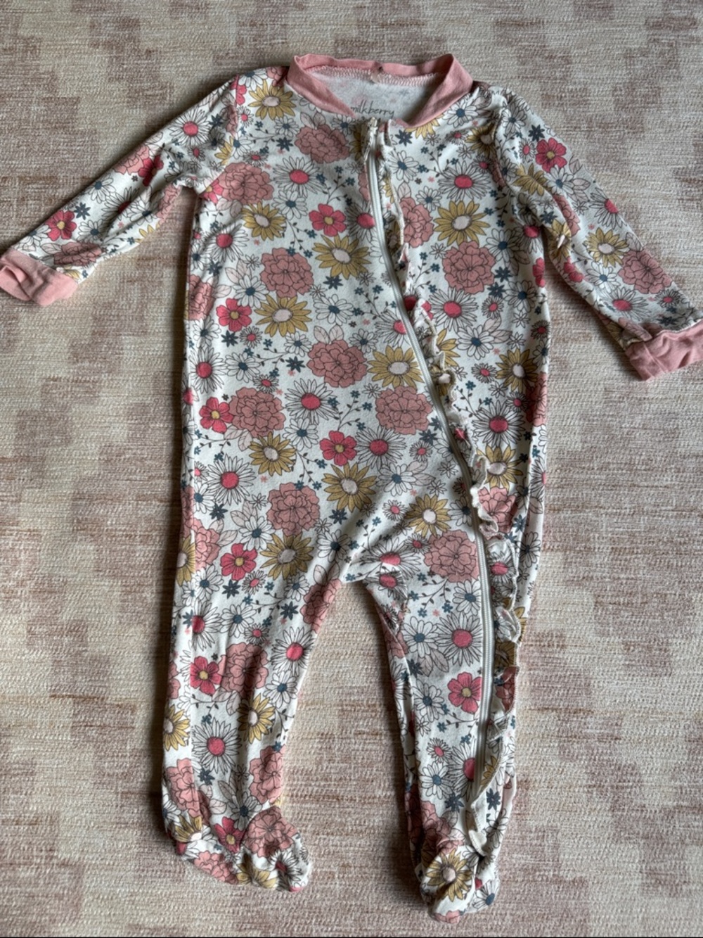 Milkberry Floral Zip-Up Pink & Yellow Baby Footie size 3-6M